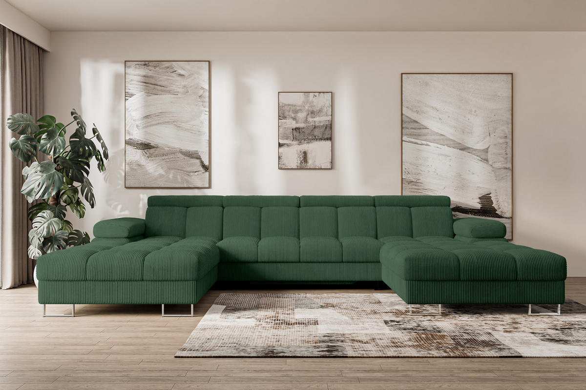 WOHNLANDSCHAFT mit Schlaffunktion und Bettkasten COMA U2 345x203x79 Grün Cord - Waldgrün, Holzwerkstoff/Textil (345/79/203cm) - ALTDECOR