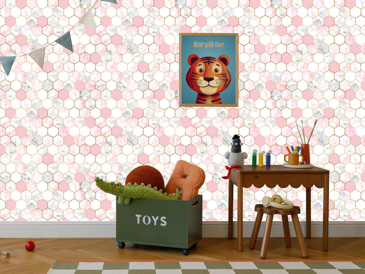 VLIESTAPETE Hexagon-Mosaik in Marmoroptik – Rosa, Weiß, Grau – 50x1000 cm - Rosa/Weiß, Papier (50/1000cm) - Muralo