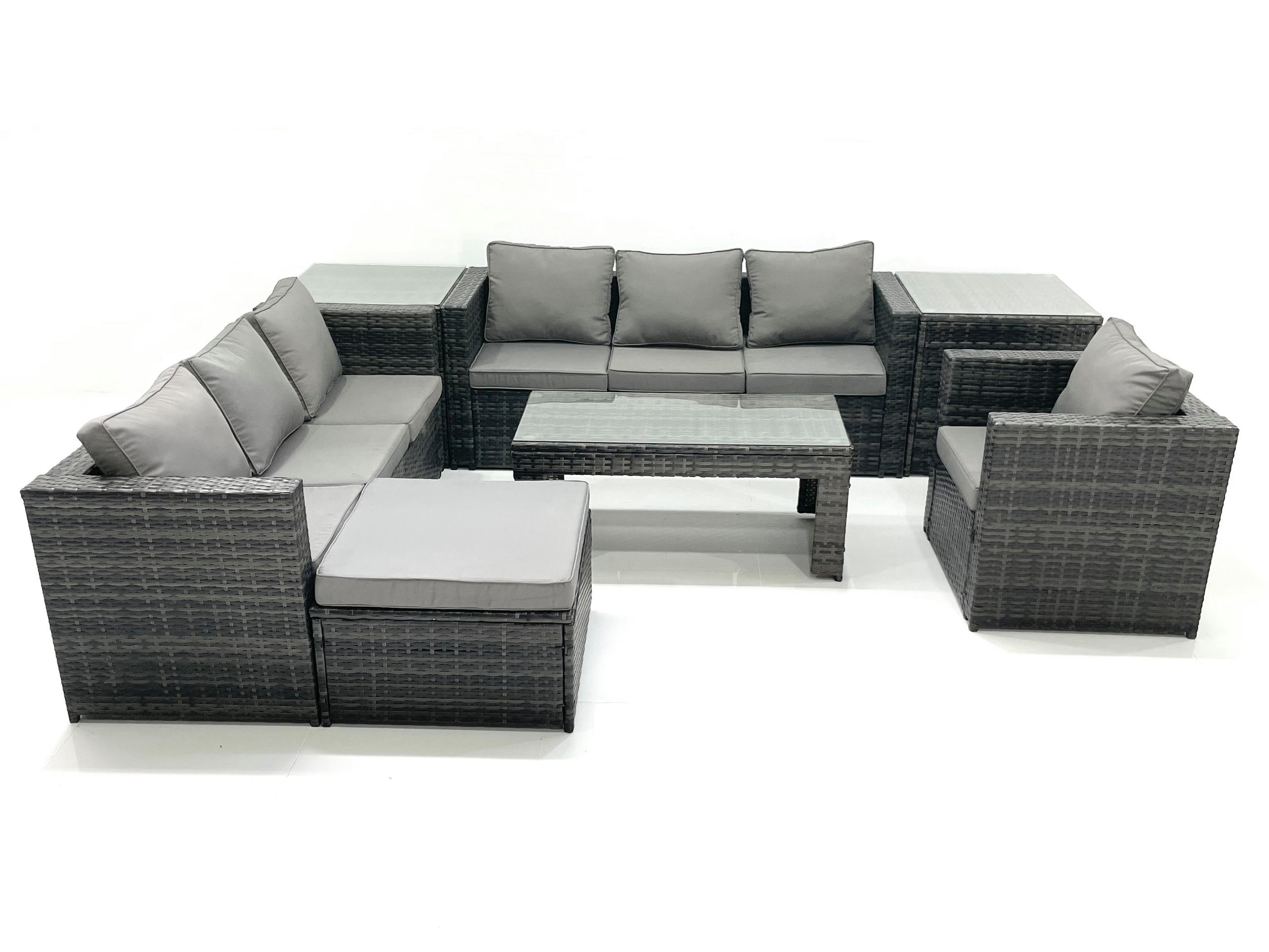 GARTENMÖBEL-SET COUCHTISCH SESSEL SOFA mit HOCKER Polyrattan Dunkelgrau Gemischt 8-Sitzer - Dunkelgrau/Grau, Glas/Kunststoff - Fimous