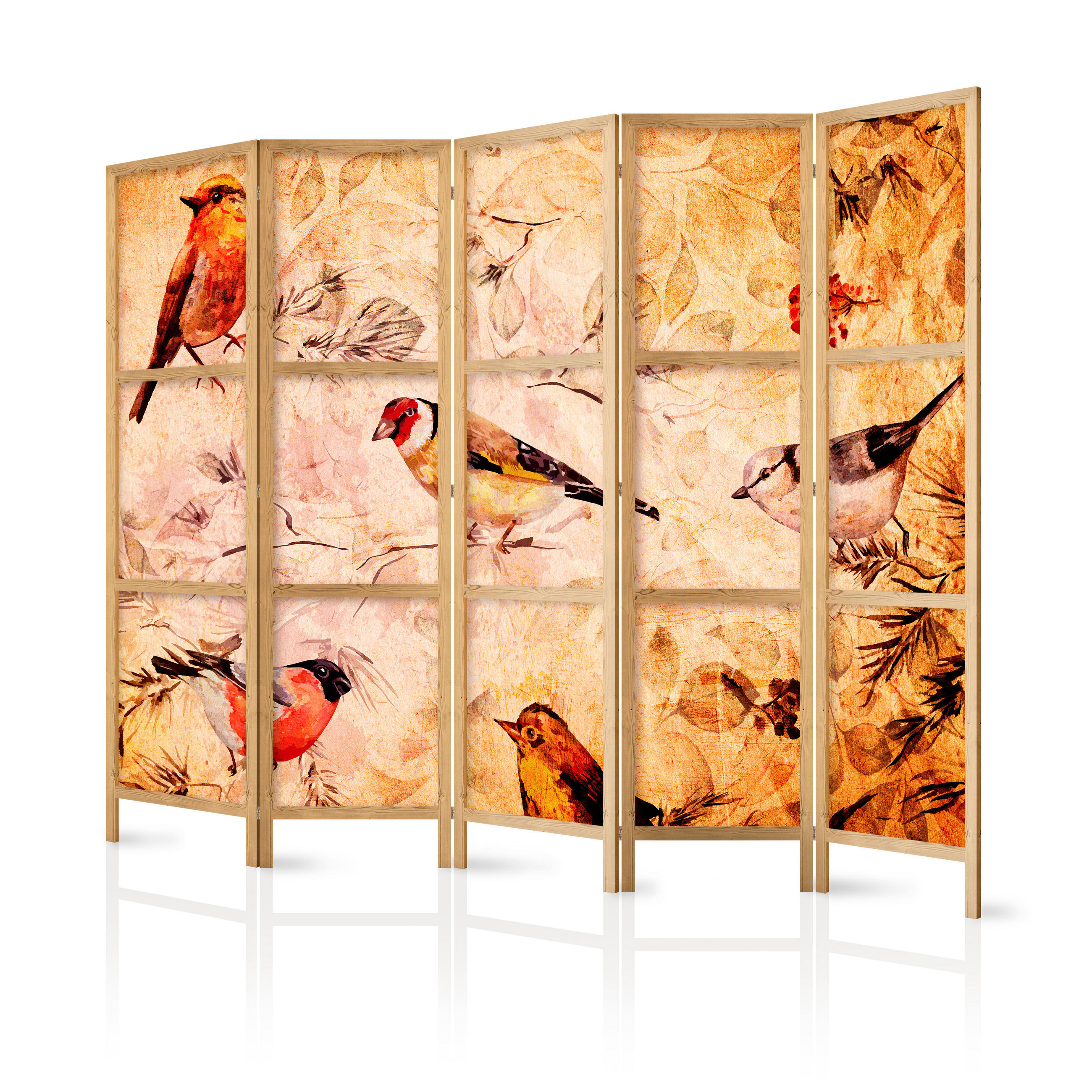 PARAVENT Japanischer 5-tlg 225x172 cm Bunte V gel - Multicolor, Holz/Textil (225/172/3cm) - Muralo