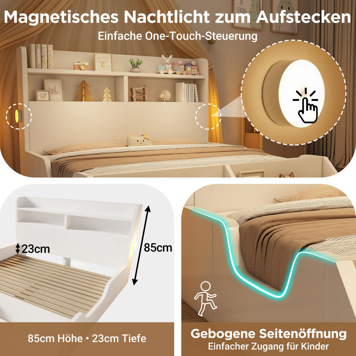KINDERBETT 140/200 cm weiß aus Holz mit Regal und Nachtlichtern - Weiß, Holzwerkstoff (140/200cm) - OKWISH
