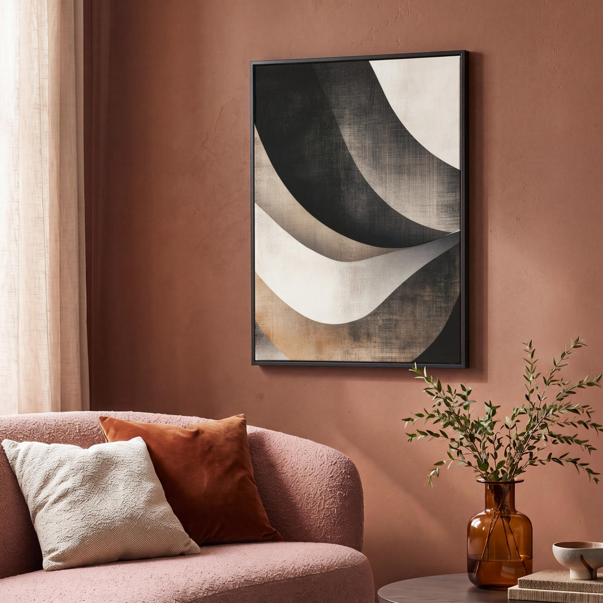 LEINWAND Bilder mit Rahmen - Abstrakt - Wellen - Schwarz - Verwittert - 70x100 - Trüffeleichefarben, Textil (70/100cm) - MuchoWow