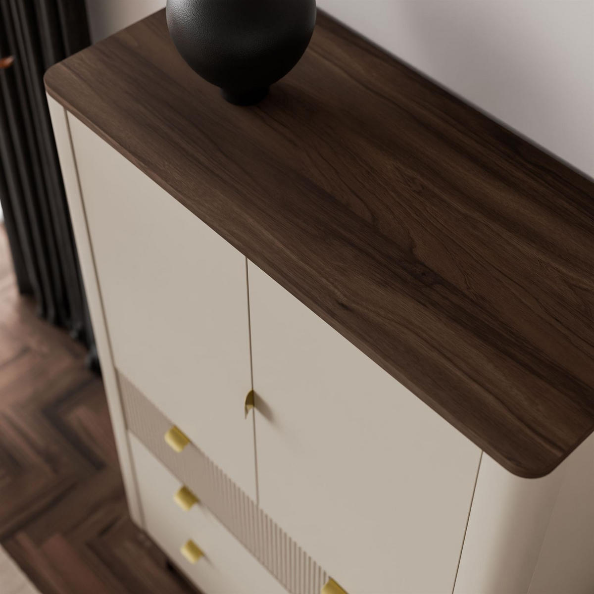 HIGHBOARD mit Schubladen AUTUMN 2D3S mit geriffelter Front, Kaschmir / Nussbaum - Beige/Braun, Holzwerkstoff (90/142/40cm) - Lookway