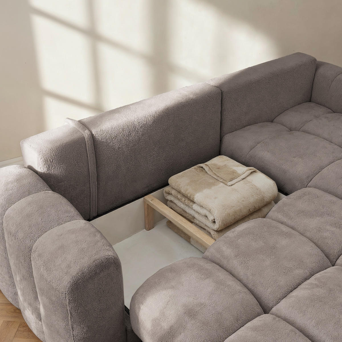 ECKSOFA CALM L Rechts mit Schlaffunktion 140x215 Webstoff beige - Beige/Schwarz, Holz/Kunststoff (151/261cm) - Muffo