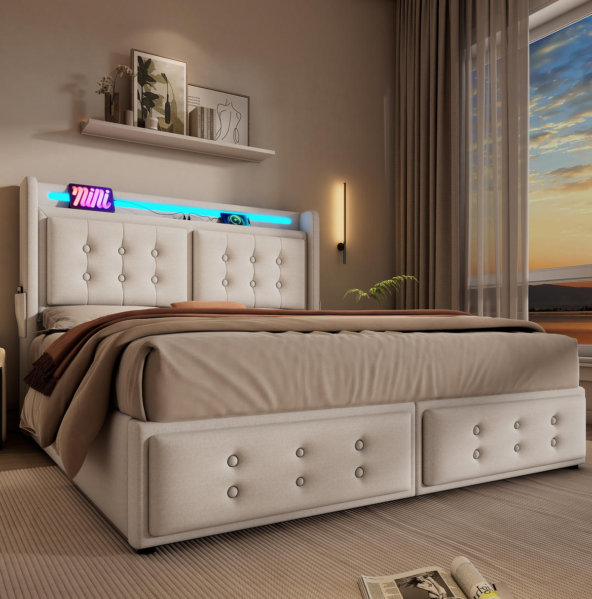 POLSTERBETT 160/200 cm beige aus Baumwoll-Leinen mit LED und Stauraum - Beige, Textil (160/200cm) - OKWISH