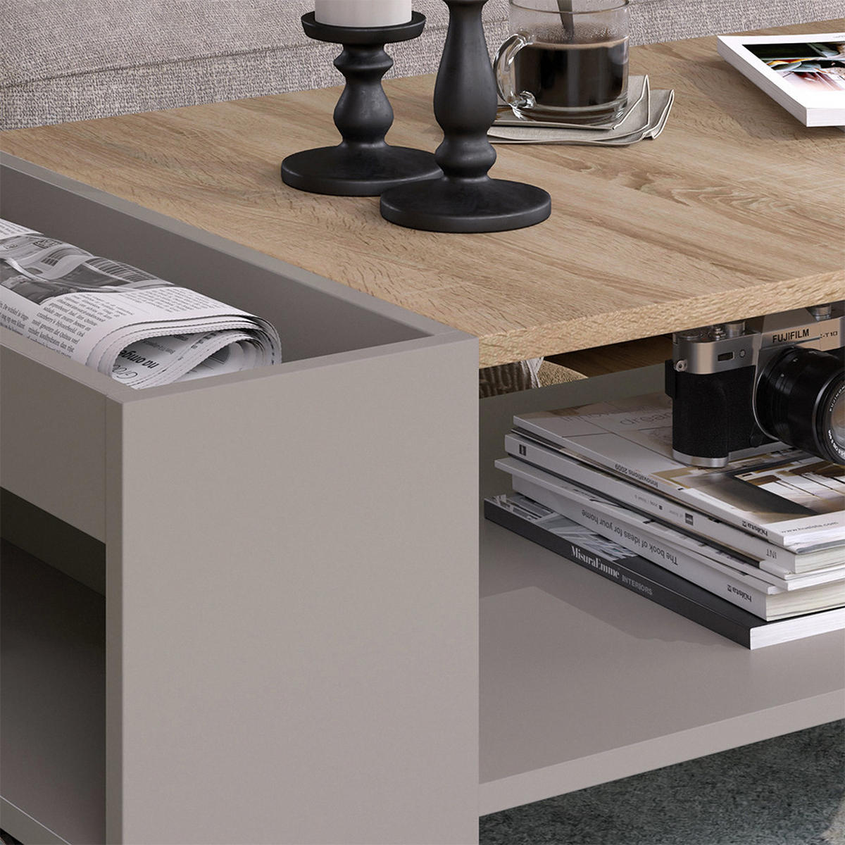 COUCHTISCH Wido Greige 100 x 55 cm mit Regalen - Greige/Sonoma Eiche, Holzwerkstoff (55/100/42cm) - Vicco