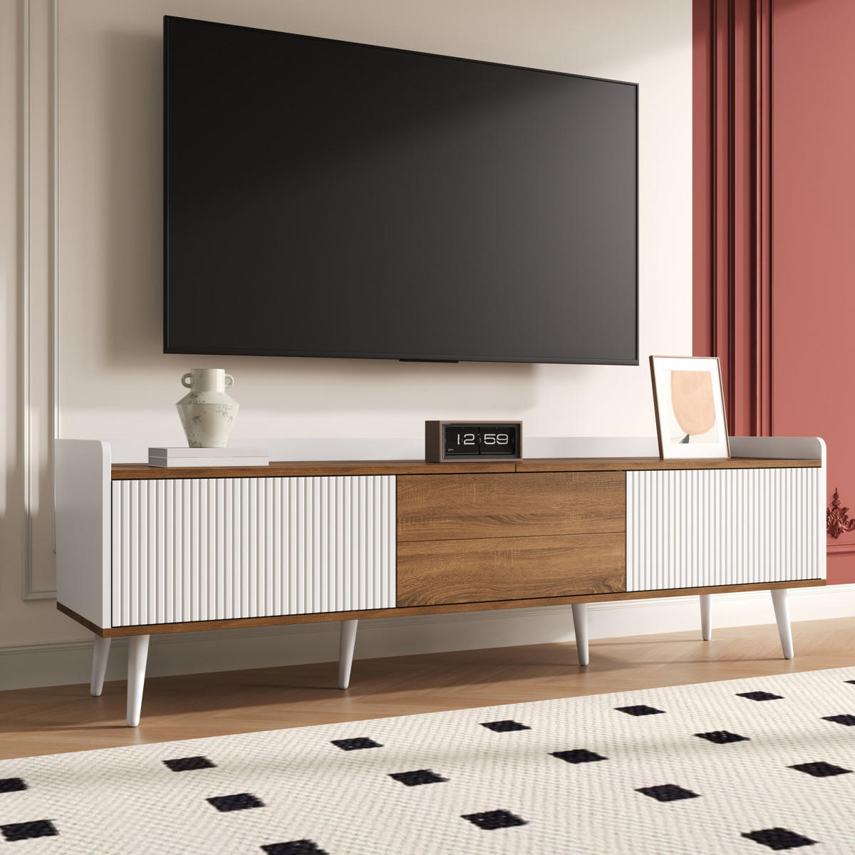 TV Lowboard 160x39x49,5 cm, 3 Türen, Weiß Natur - Weiß, Holz (160/49/39cm)