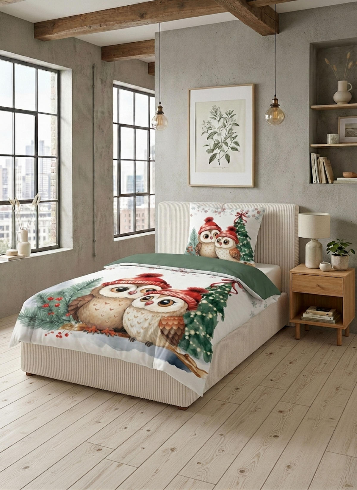BETTWÄSCHE-GARNITUR Biber Eulen Weihnachten tanne, 155x220 cm + 80x80 cm - Dunkelgrün, Textil (155/220cm) - biberna