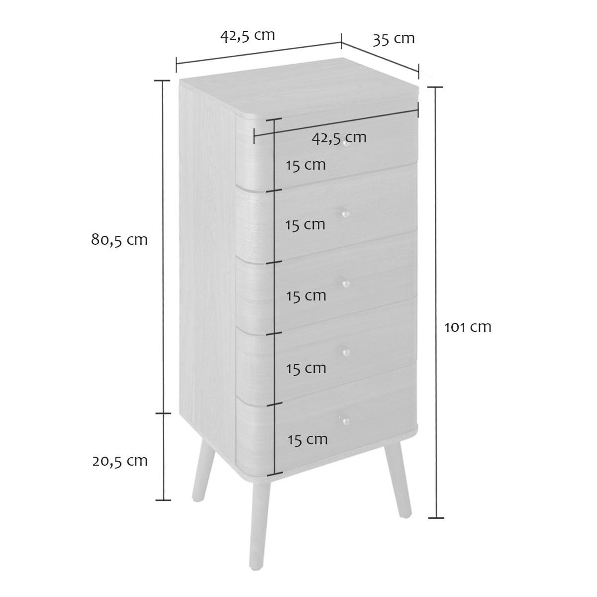 HOCHKOMMODE mit 5 Schubladen und abgerundeten Frontkanten 42/35/100 cm - Eschefarben, Holzwerkstoff (35/100/48cm) - Calicosy