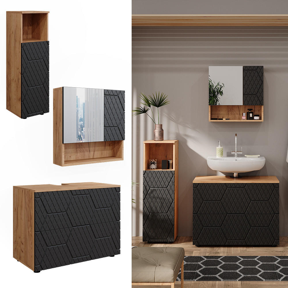 BADMÖBEL-SET Irma Anthrazit gestreift 3 Teile, mit Midischrank - Honigeiche/Anthrazit, Holzwerkstoff (80/58.6/41cm) - Vicco