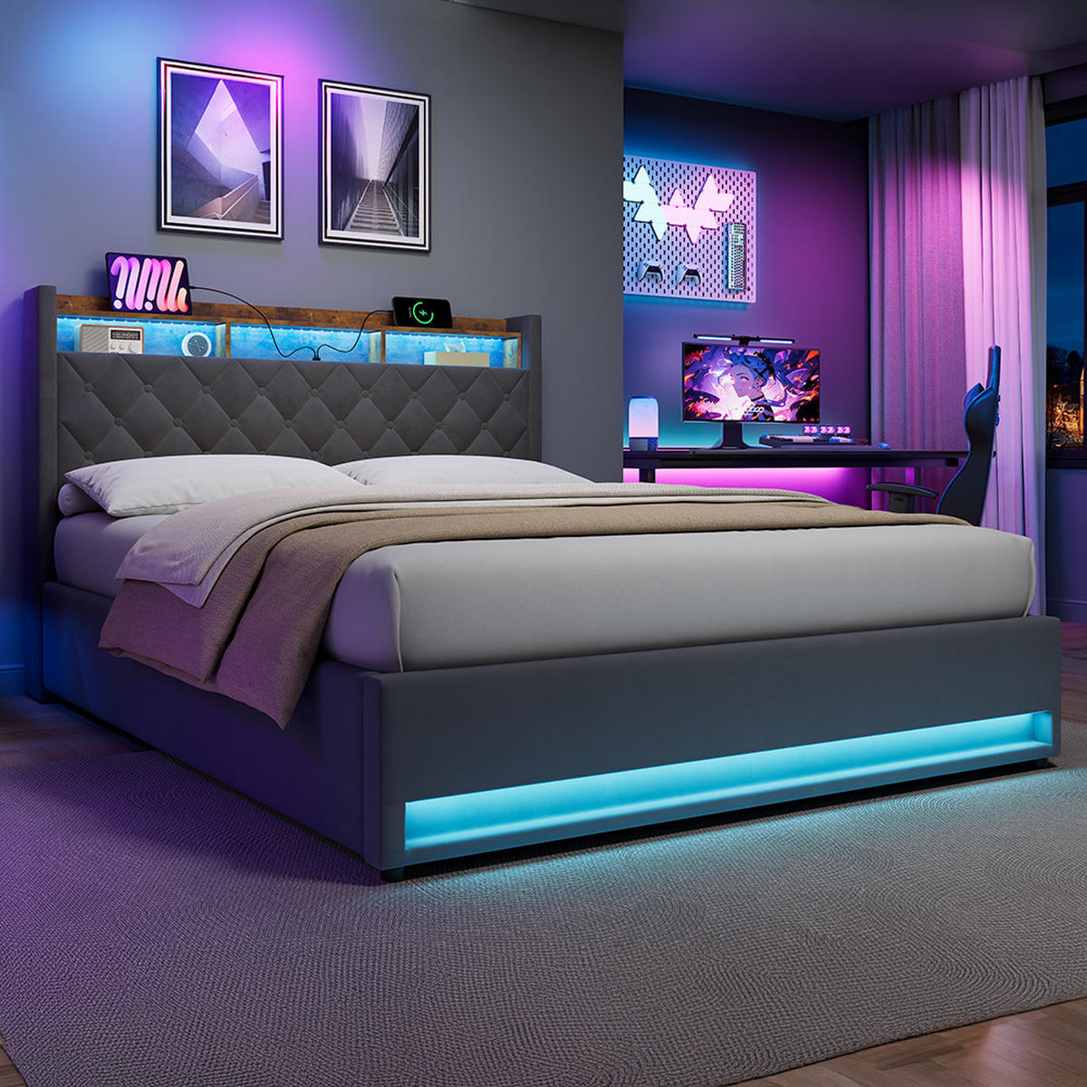 POLSTERBETT 160/200 cm mit Matratze und Bettkasten Boxspringbett mit Steckdose und LED-Licht, in Grau - Grau, Holzwerkstoff/Textil (160/200cm) - STILVORA