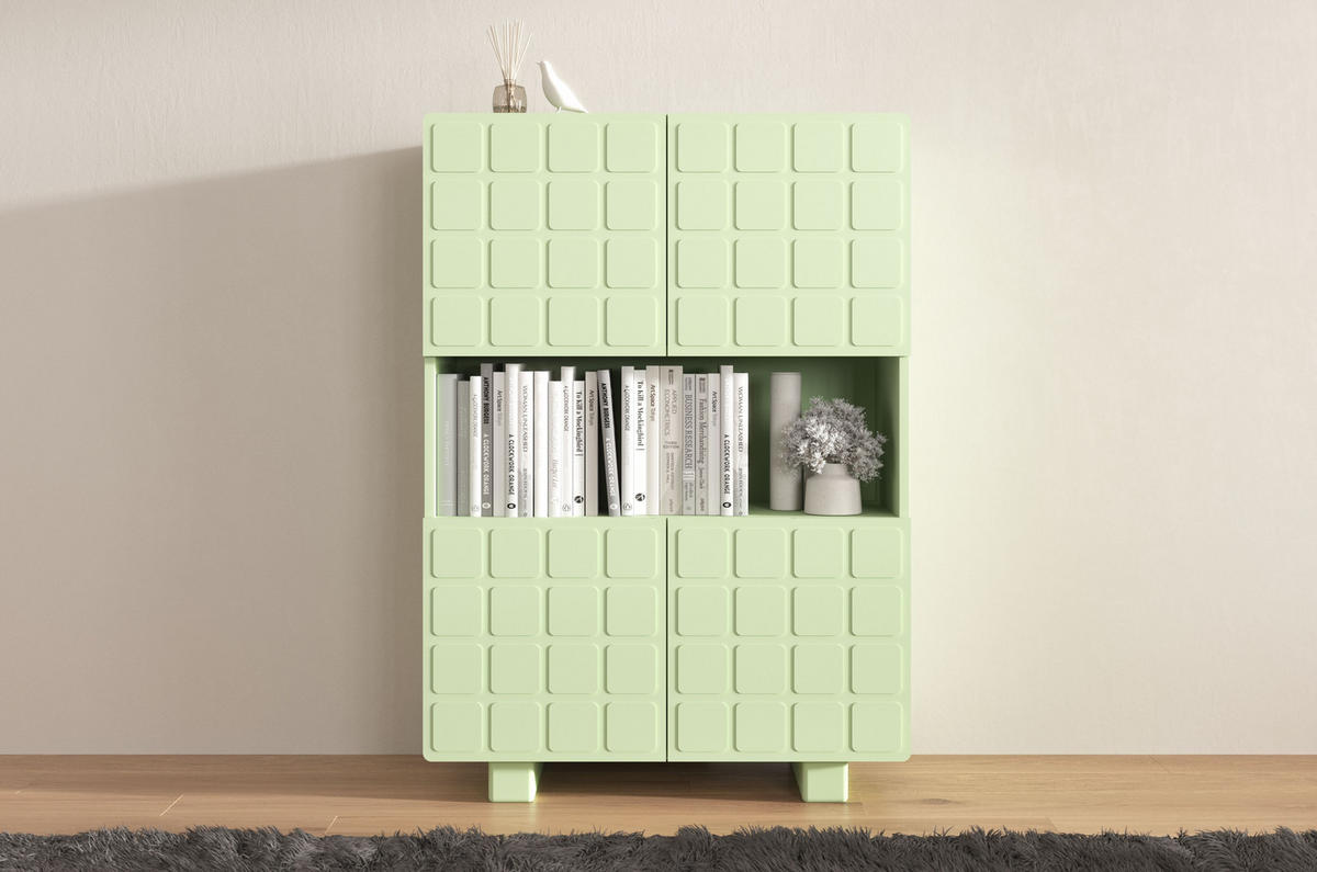 HIGHBOARD Cubo Long, Geometrische 3D Fronten, 85 x 120 cm, Grün - Pastellgrün, Holz/Holzwerkstoff (84.3/120/41.8cm) - Skandica