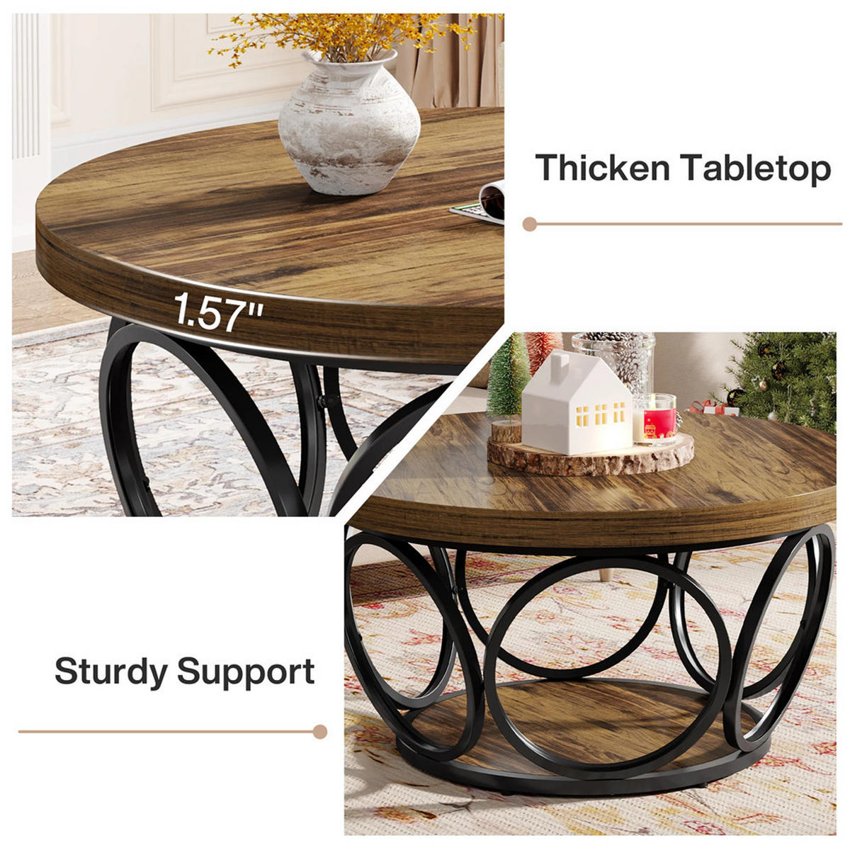 COUCHTISCH rund 80/80/42.5 cm 2 Ebenen Holz Stauraum modern - Braun, Holz (80/80/42.5cm) - Kaket
