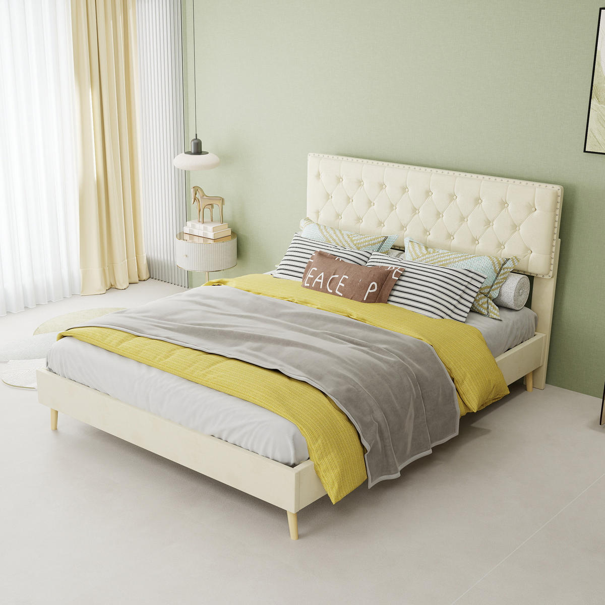 POLSTERBETT 140/200 cm in Beige Samt mit Stauraum unter dem Bett und hohem Kopfteil - Beige, Holzwerkstoff/Textil (140/200cm) - STILVORA