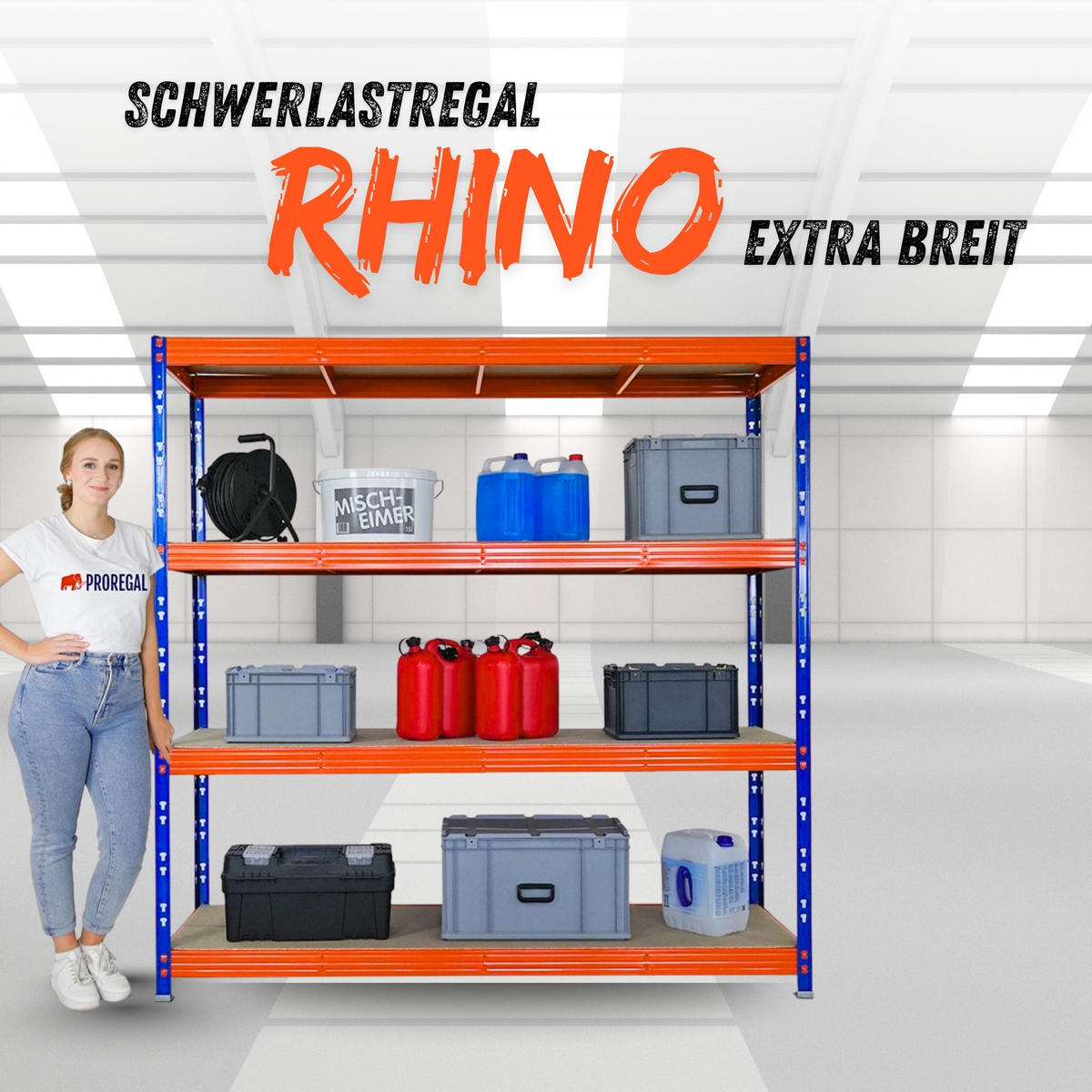 SCHWERLASTREGAL Rhino 200x200x60 cm 4 Spanplatten-Ebenen 8mm Fachlast 500 kg Blau/Orange - Blau/Orange, Metall (200/200/60cm) - PROREGAL