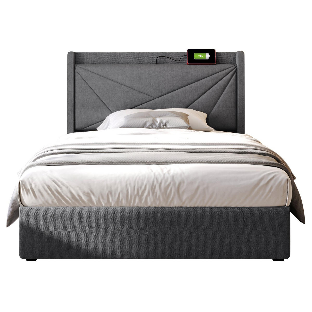 JEDNOLŮŽKOVÁ postel 90/200 cm šedá z bavlněného lnu s úložným prostorem a USB/Typ-C - šedá, textil (90/200cm) - OKWISH
