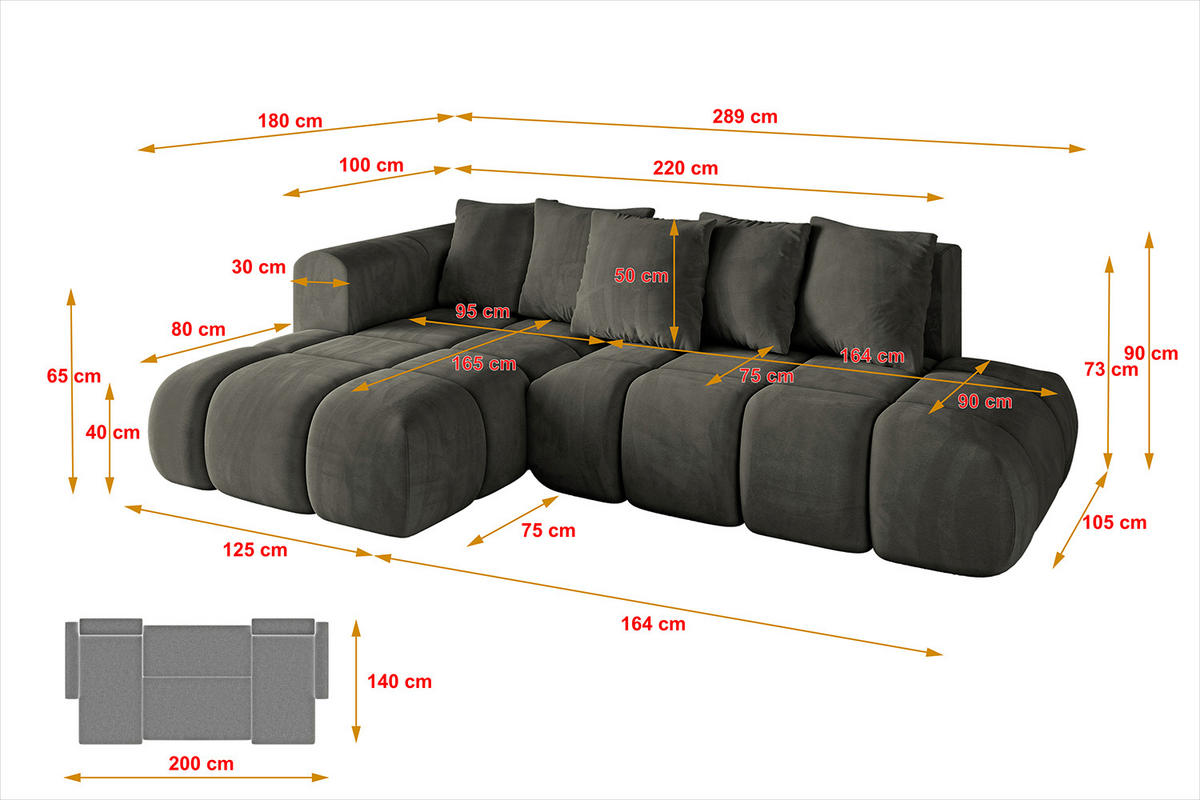 ECKSOFA Ottomane Links CLOUD-L-v1 289x180x40 Schwarz Velours - Schwarz, Holzwerkstoff/Kunststoff (180/289cm) - ALTDECOR