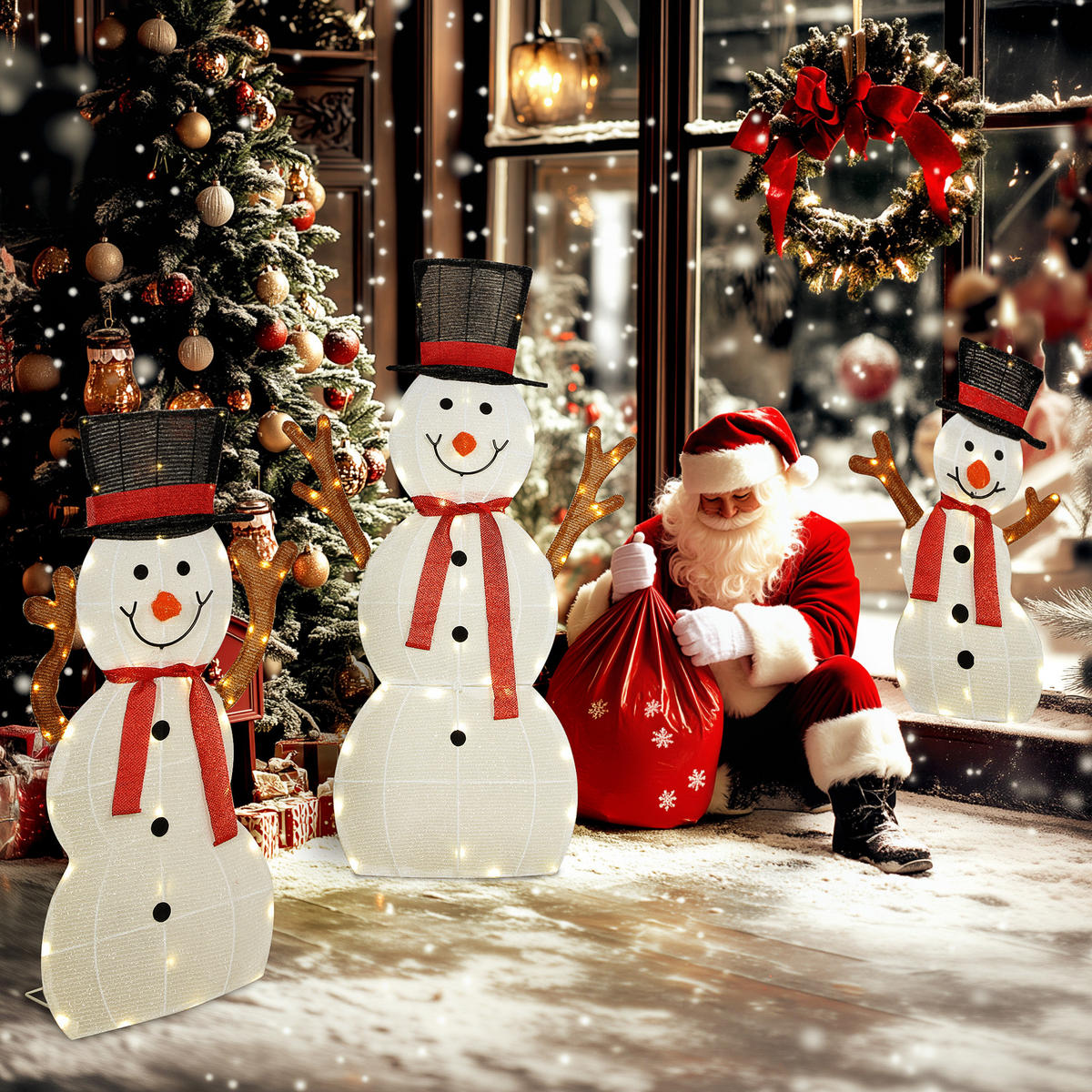 3-TEILIGE weihnachtliche Schneemann-Familie, LED-Lichter, Weiß - Multicolor, Metall (30/91.5/64cm) - Outsunny