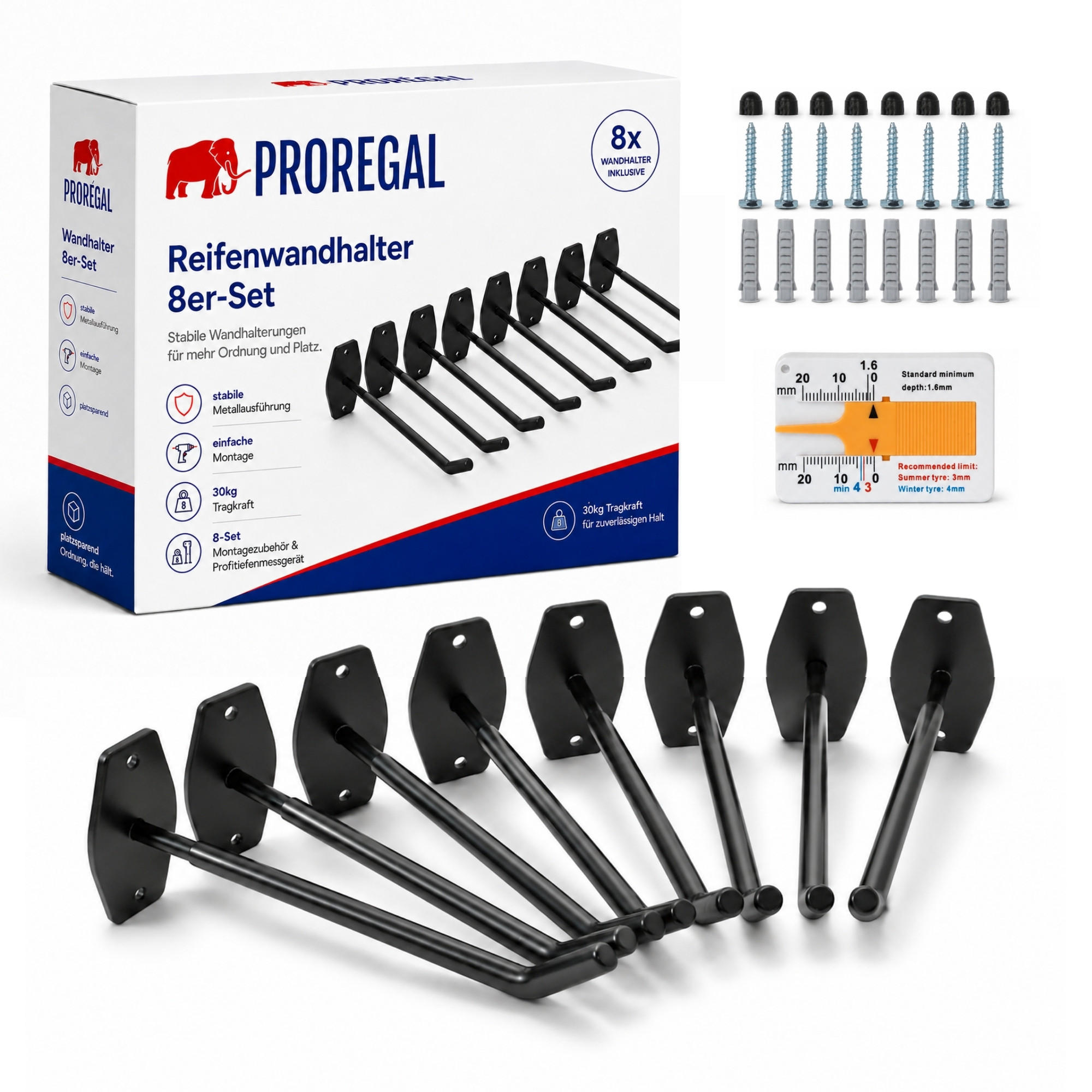 REIFENHALTER Wandhalterung PREX 8er Reifen Set HxBxT 9x5x25 cm Traglast 30 kg Schwarz Set für Garage Zum Anschrauben mit hoher Qualität - Schwarz, Metall (25/5/9cm) - PROREGAL