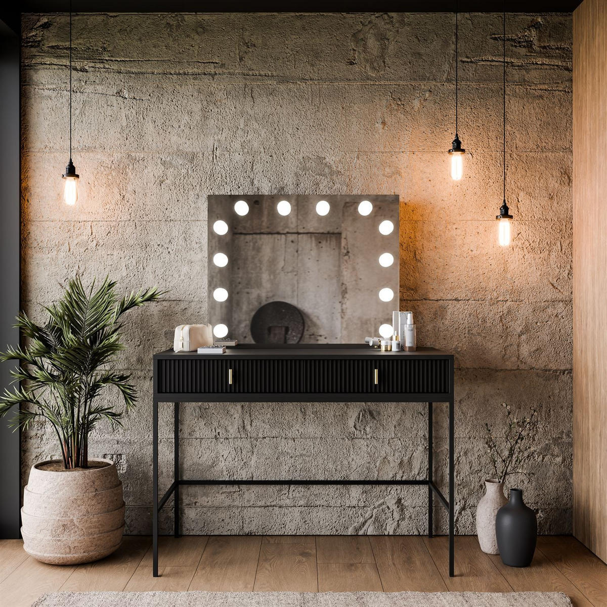 FRISIERTISCH MIDNIGHT ELITE mit LED-Spiegel schwarz - Schwarz, Holzwerkstoff (104/77/50cm) - Lookway