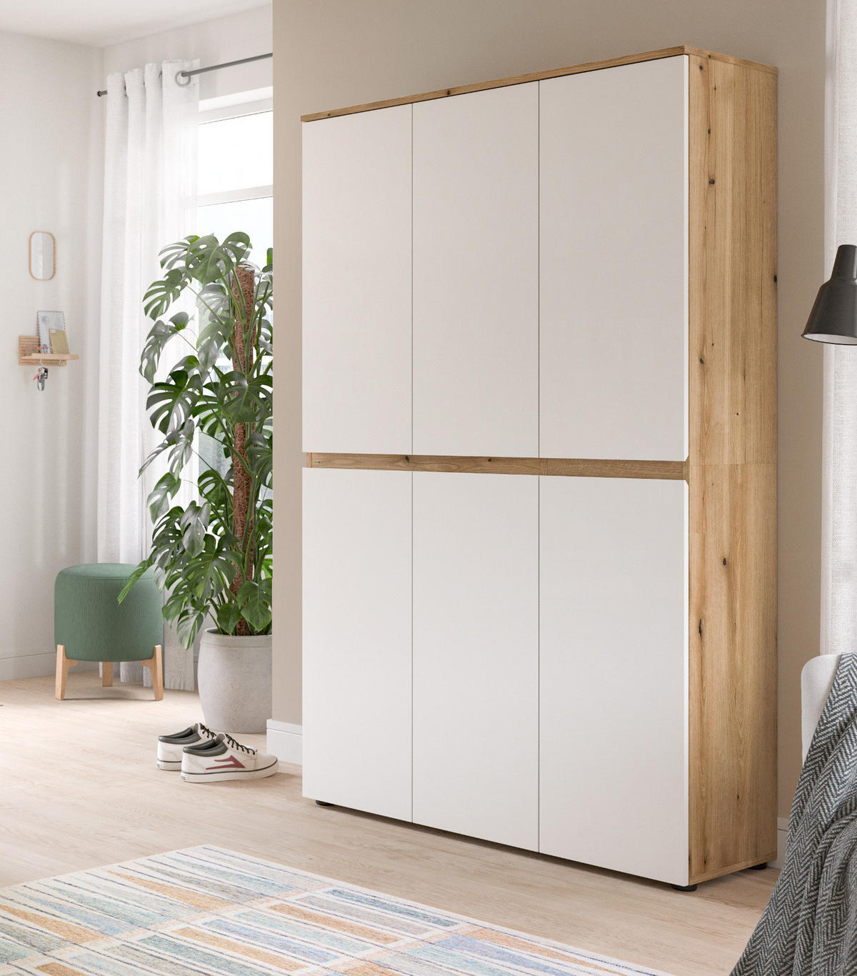 MEHRZWECKSCHRANK weiß, Evoke Eiche 105 x 175 cm, Stauraumschrank 6-türig mit 18 Fächern - Eichefarben/Schwarz, Holzwerkstoff/Kunststoff (105/175/37cm) - Inn.Furn