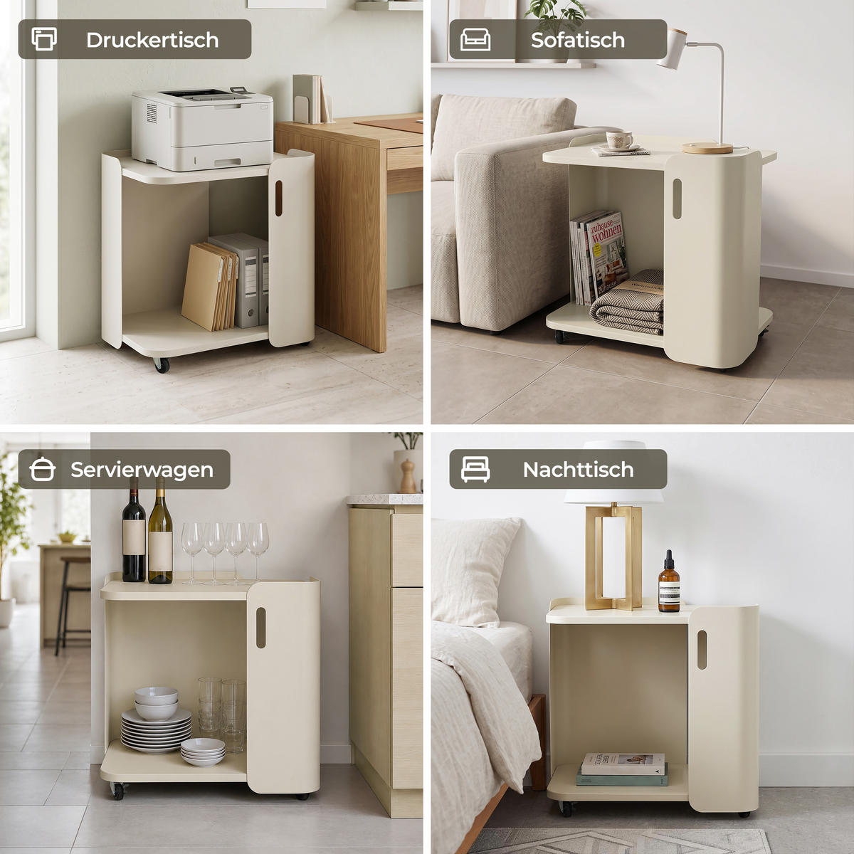 BEISTELLTISCH Metall mit Rollen | B60 x T40 x H60 cm - Beige, Metall (40/60/60cm) - Hometopia