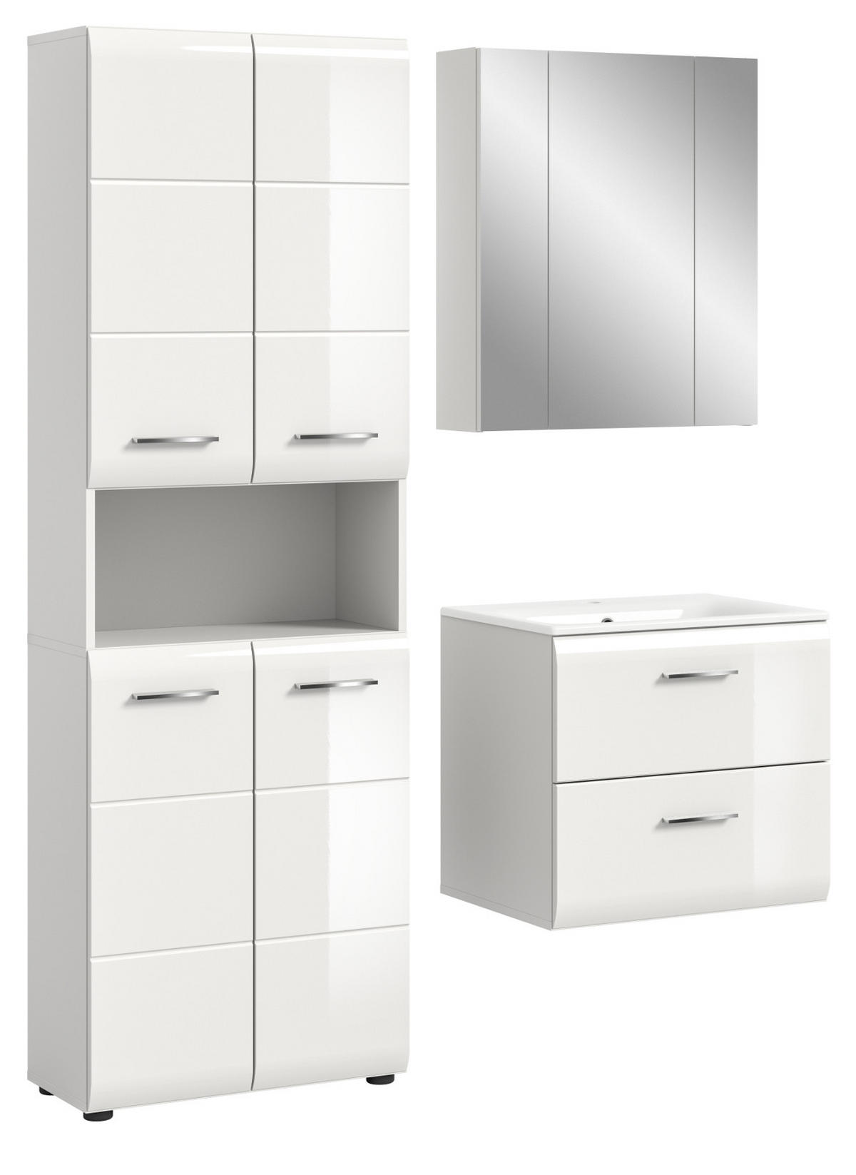 BADMÖBEL SET 3-teilig in weiß Hochglanz Badkombination 135 x 185 cm Cover - Weiß Hochglanz/Schwarz, Holzwerkstoff/Kunststoff (135/185/46cm) - Inn.Furn