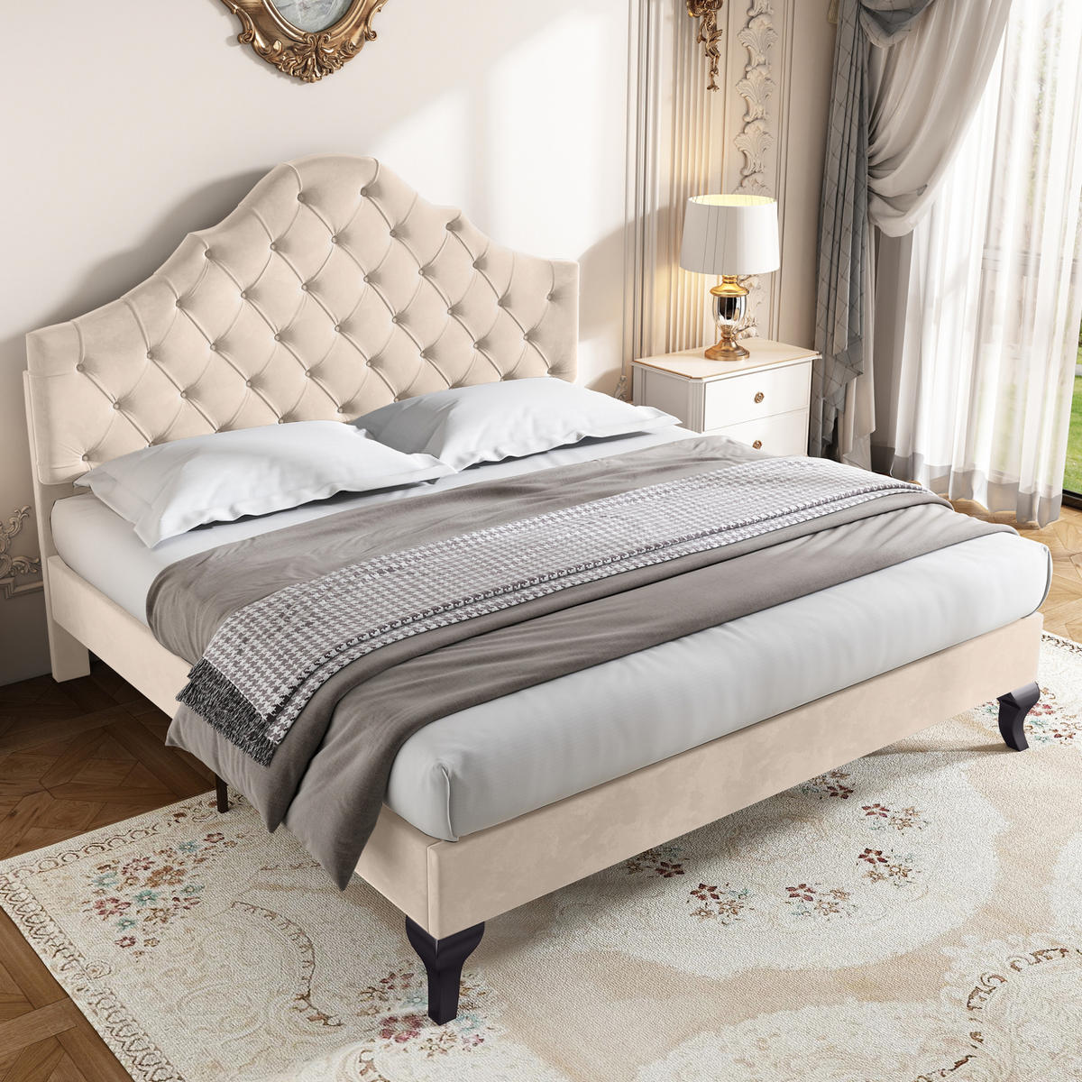 POLSTERBETT mit Lattenrost 140x190 cm Samt Off White - Beige, Holz (140/190cm) - Meubliv