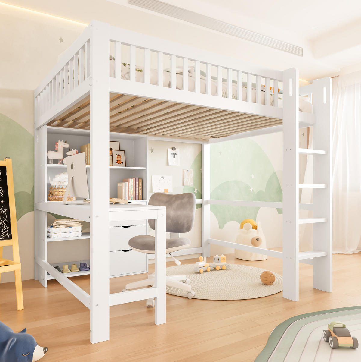 HOCHBETT 140/200 cm Weiß aus Kiefernholz mit Schreibtisch - Weiß, Holz (140/200cm) - OKMYHOME