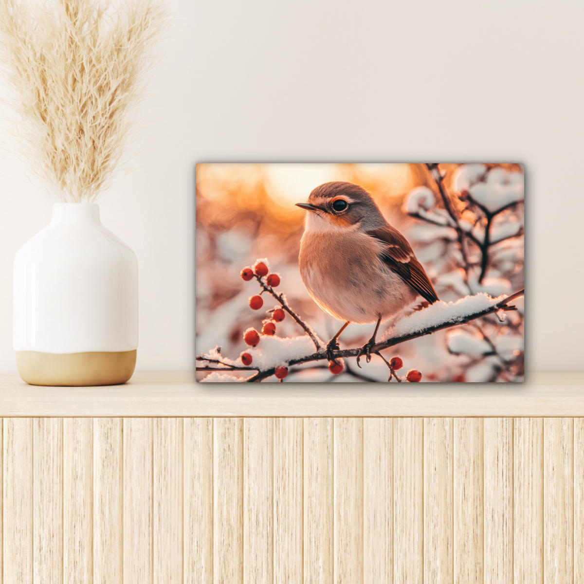 LEINWANDBILD Vogel - Zweig - Winter - Tiere - Schnee 30x20 cm - Bernsteinfarben, Textil (30/20cm) - MuchoWow