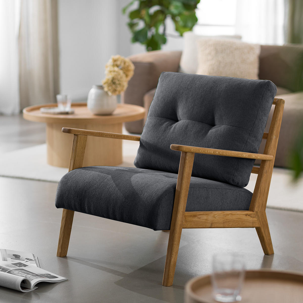 SESSEL - Eichefarben/Grau, Eichenholz/Textil (83/80/75cm) - home24