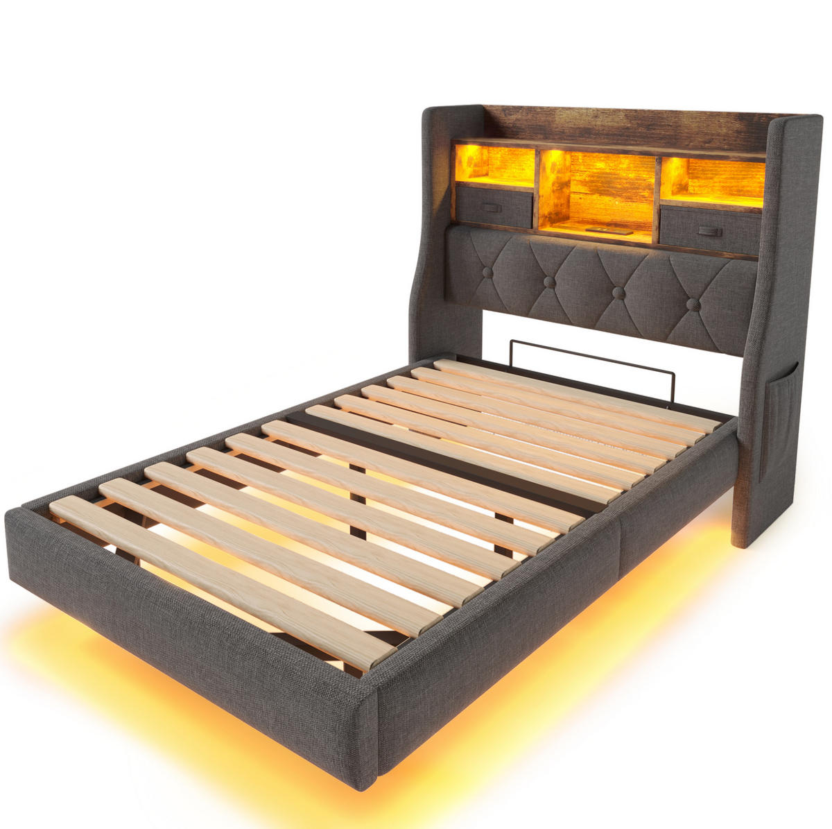 BETT mit LED und Ladestation 90x200 cm Leinen Grau - Grau, Holz (90/200cm) - Meubliv