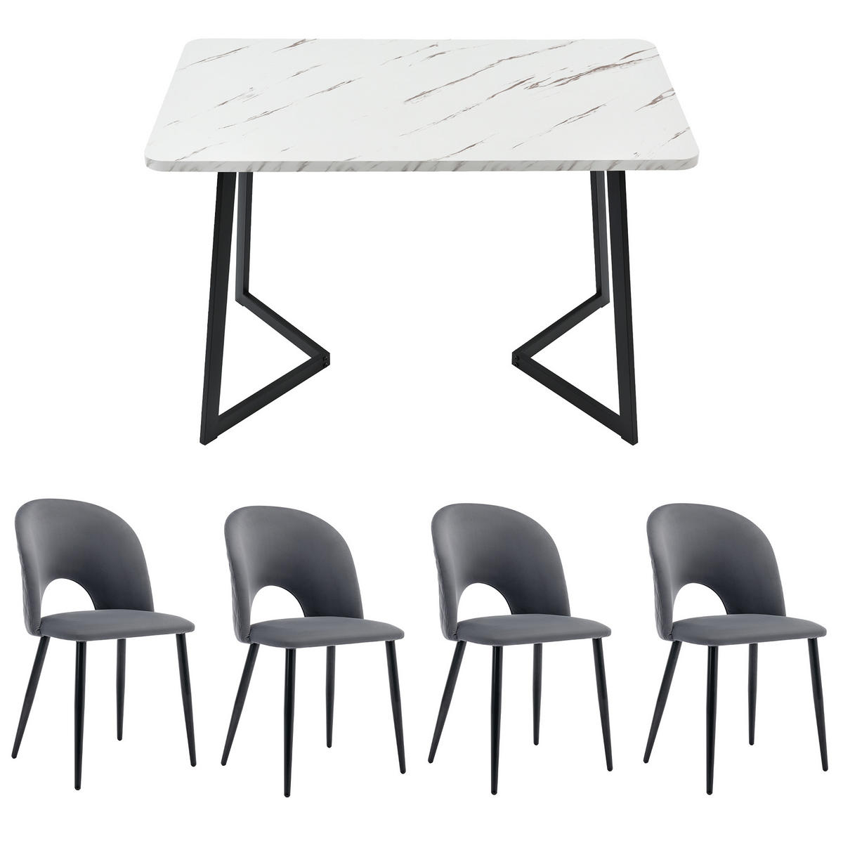 ESSGRUPPE Esstisch 4 Stühle Samt Grau Schwarz 117x68cm - Grau, Textil (117/75/68cm) - FLIEKS