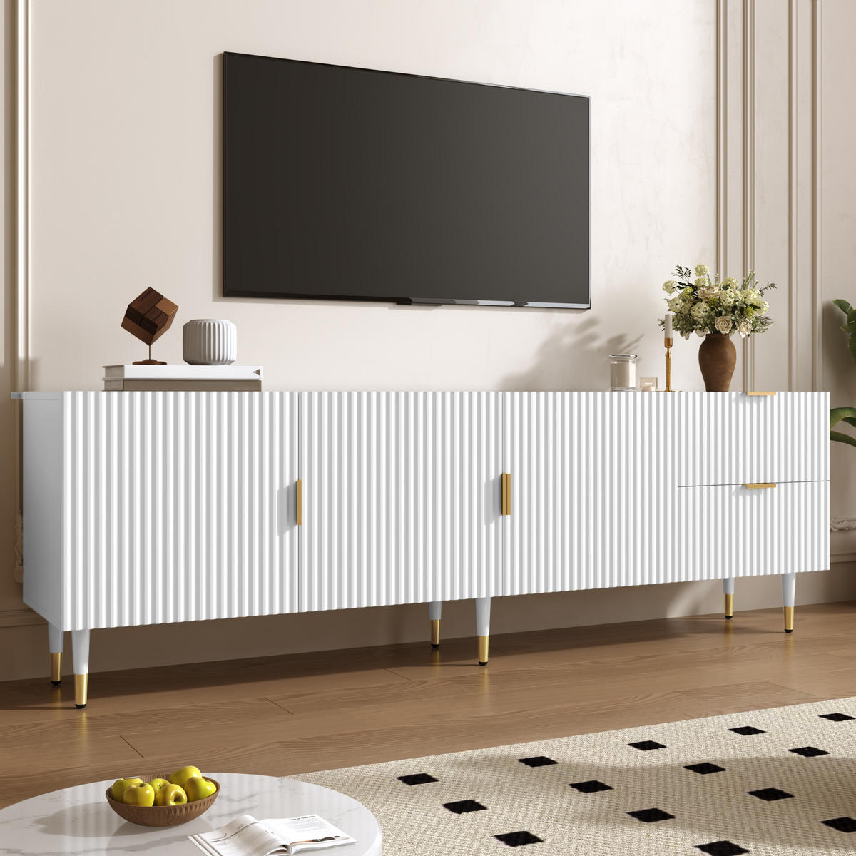 TV-SCHRANK mit Schubladen, goldenen Griffen und Beinen - Weiß, Holzwerkstoff (170/55/35.5cm) - FLIEKS