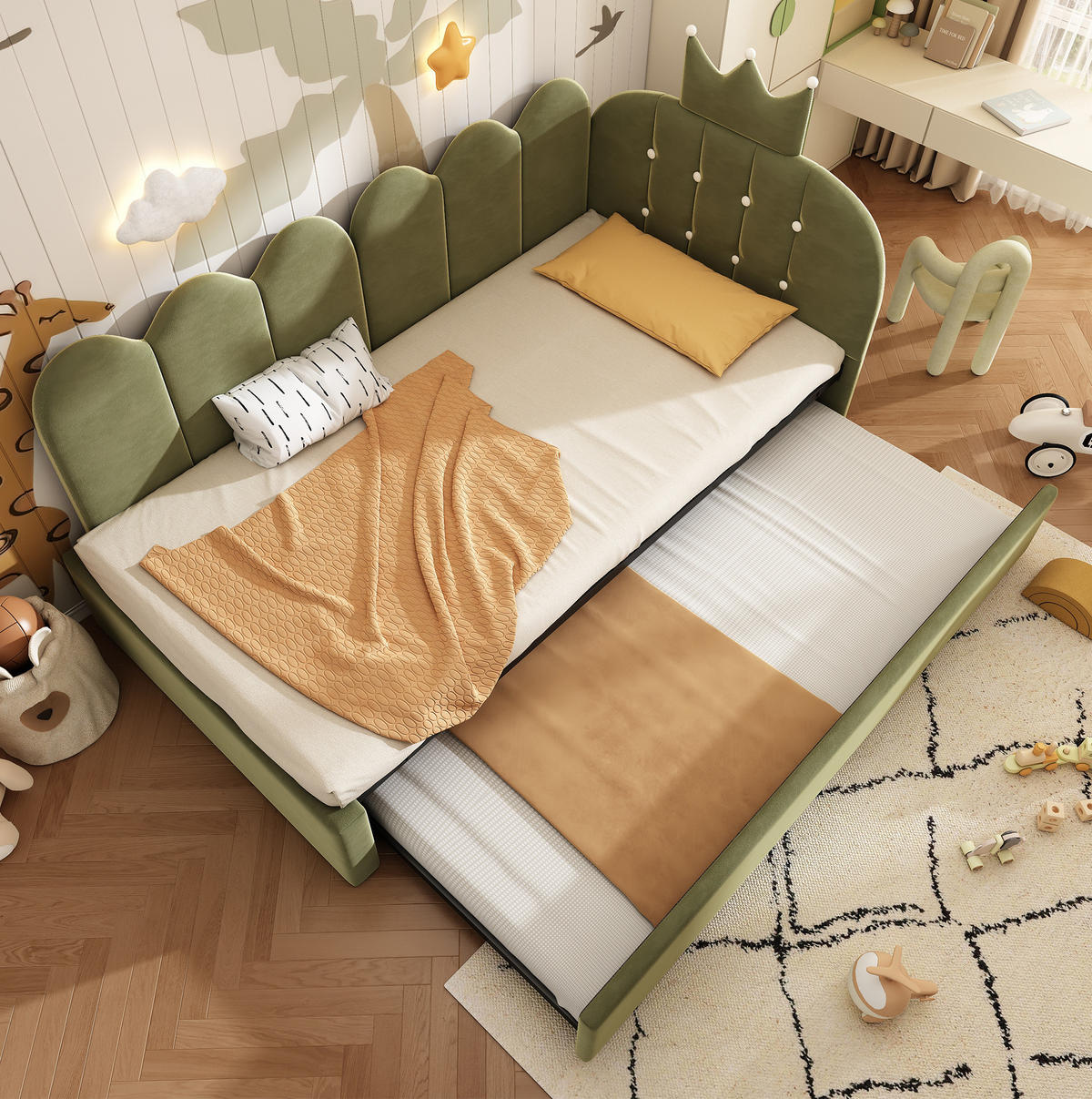 KINDERBETT Polsterbett 90/200 cm aus Samt mit ausziehbarem Gästebett Grün - Grün, Textil (90/200cm) - Modenvie