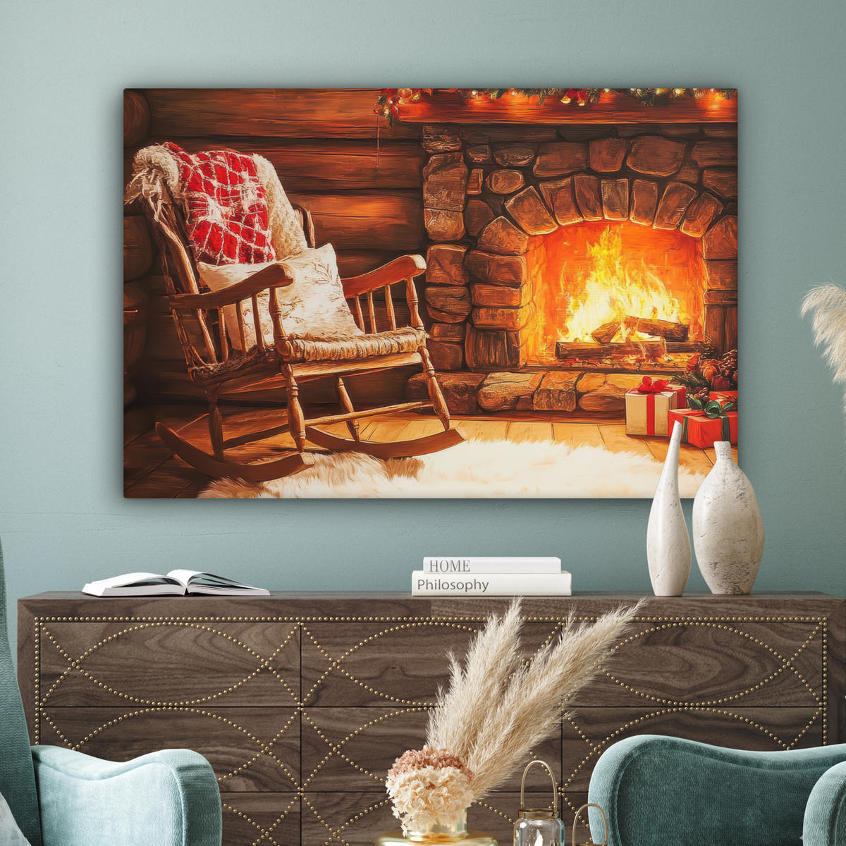 LEINWANDBILD Winter - Weihnachten - Zuhause - Kamin XXL 150x100 cm - Bernsteinfarben, Textil (150/100cm) - MuchoWow