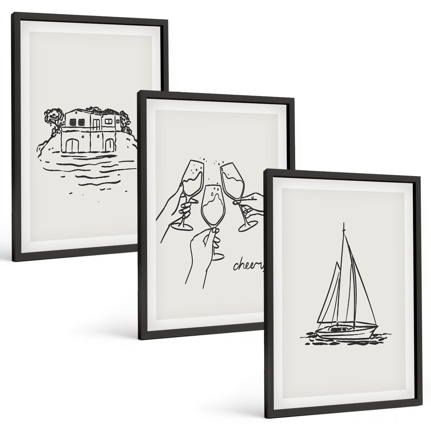 BILDER SET 3er Set - 40x60 cm Schwarzer Rahmen - Haus am Wasser, Segelboot-Toast - Schwarz, Kunststoff (40/60cm) - TULUP