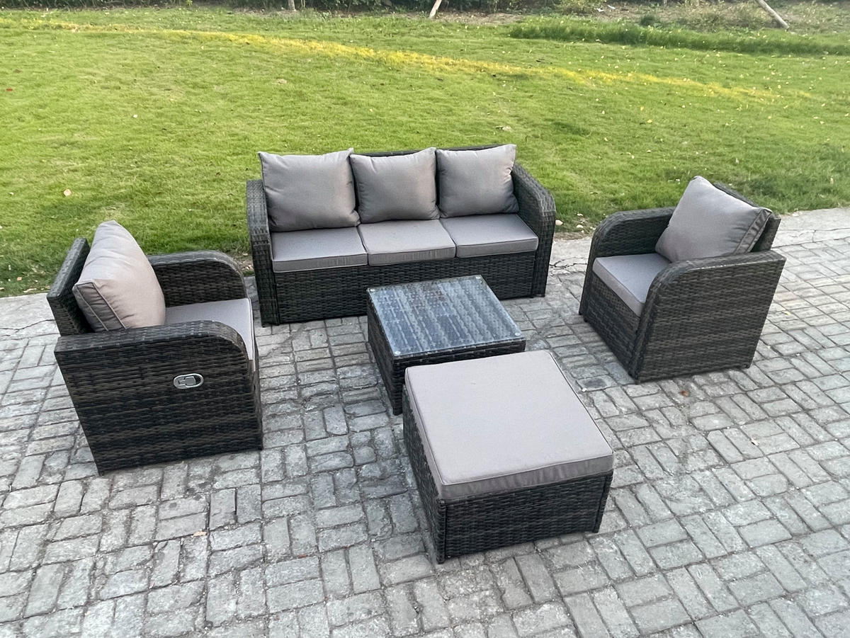 GARTENMÖBELGARNITUR mit KISSEN Polyrattan Dunkelgrau 6-Sitzer - Dunkelgrau/Grau, Glas/Kunststoff - Fimous