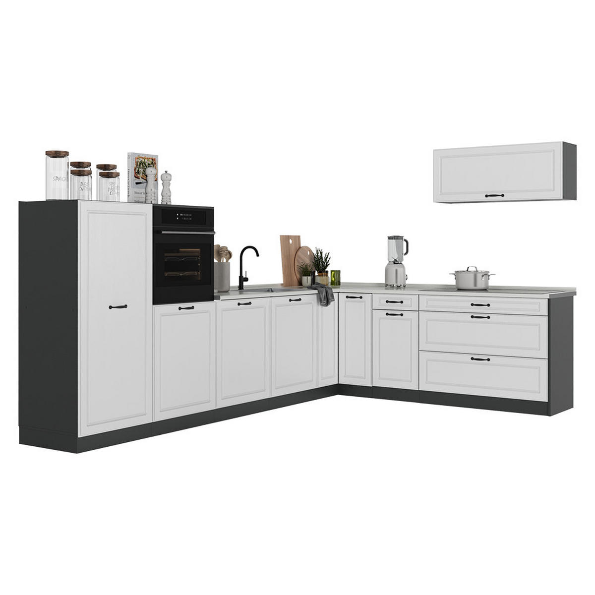 ROHOVÁ KUCHYŇA R-Line, Biely vidiecky dom/antracitová, 327 x cm Goldkraft tammi työtaso - biela/antracitová, kompozitné drevo (327/143/60cm) - Vicco
