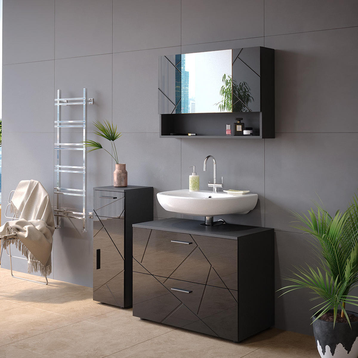 BADSPIEGELSCHRANK Irma Anthrazit Hochglanz 80.1 x 55 cm - Schwarz Hochglanz, Holzwerkstoff (80.1/55/17cm) - Vicco