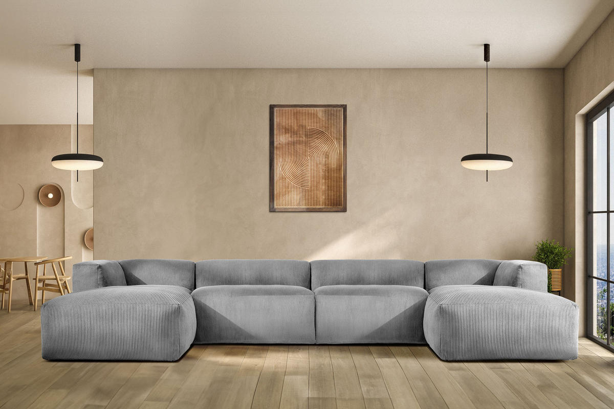PANORAMA-ECKSOFA BUFFO 7/8 Sitzer mit extrem weicher Sitzfläche, Kordstoff, hellgrau - Hellgrau, Textil (424/73/180cm) - KONSIMO®