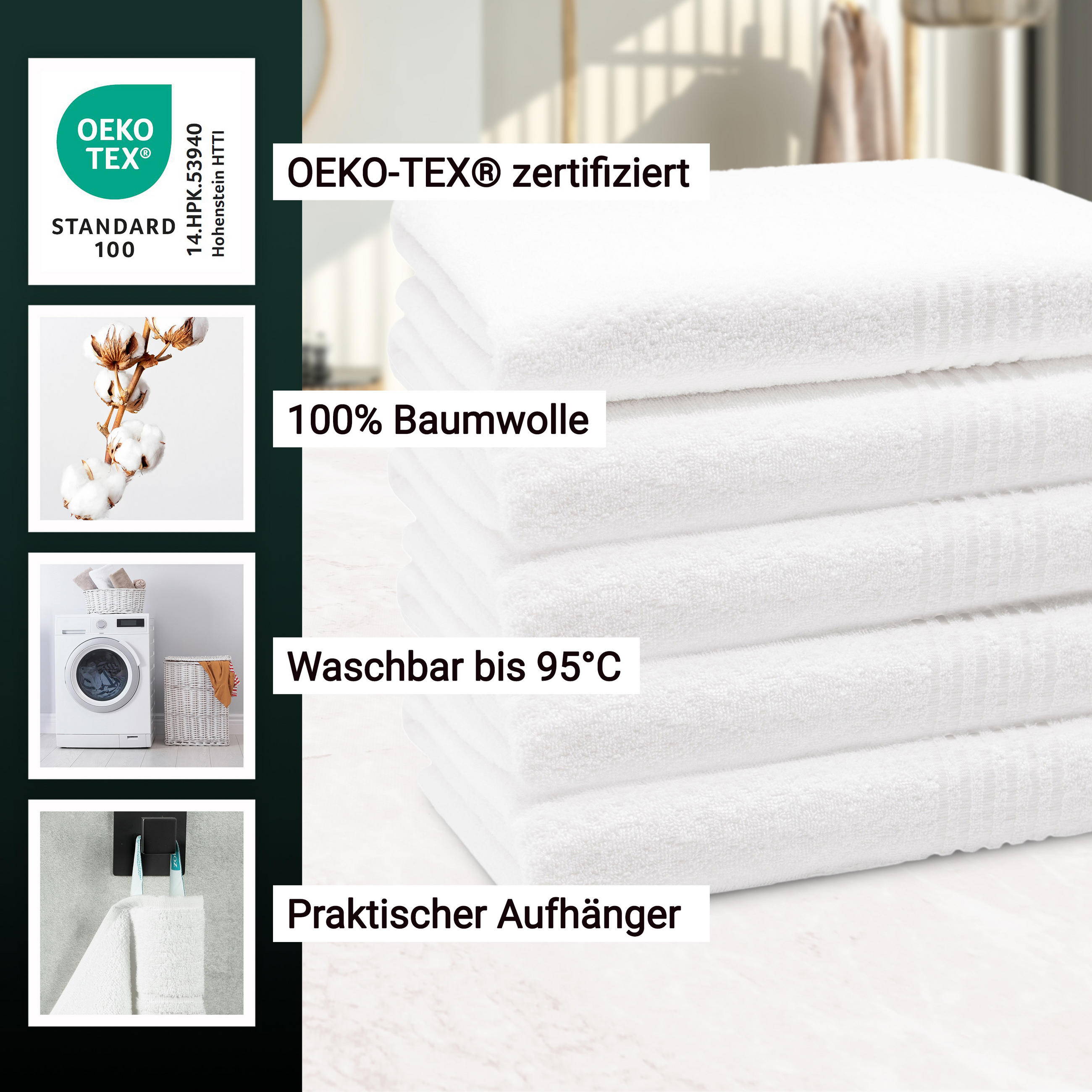 DUSCHTÜCHER, 5er-Set, 70x140 cm, 100% Baumwolle, Weiß - Weiß, Textil (70/140cm) - Zollner