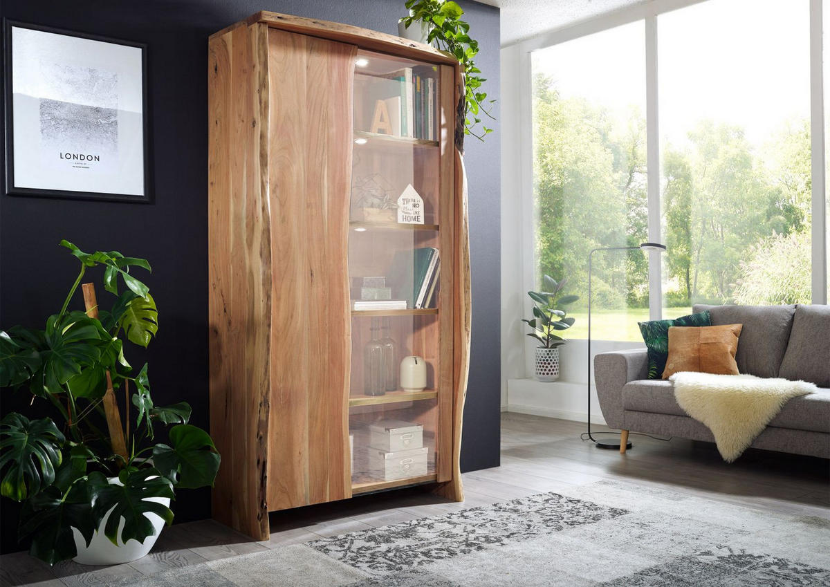 VITRINE Akazie 105x45x204 natur lackiert PURE ACACIA #711 - Braun, Holz (105/204/45cm) - Massivmoebel24