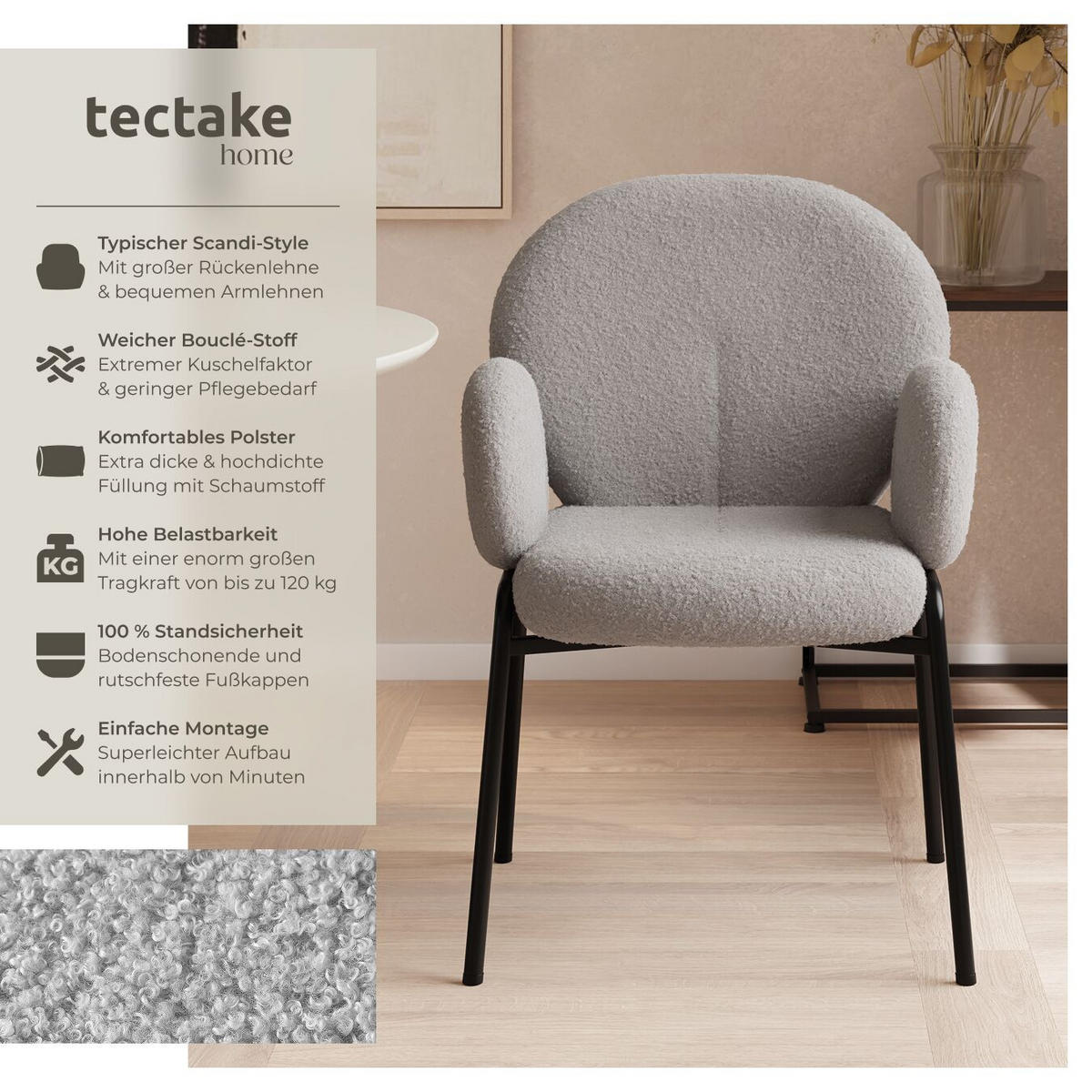 STUHL 6er Set Scandi Belastbarkeit 120 kg 61 5 x 62 x 90 - Hellgrau, Kunststoff (62/90/61.5cm) - tectake