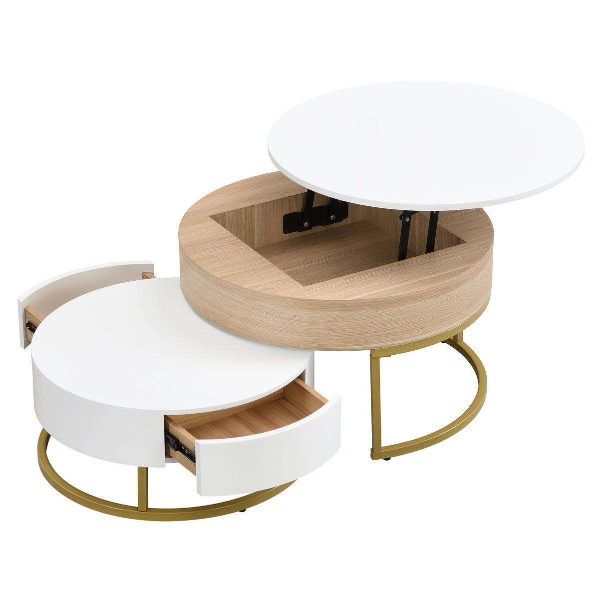 COUCHTISCH-SET aus MDF 70x70x56/60x60x27 cm Weiß und Gold mit höhenverstellbarer Platte, Schublade und Nestdesign - Weiß, Holzwerkstoff (70/70/56.5cm) - Modfu