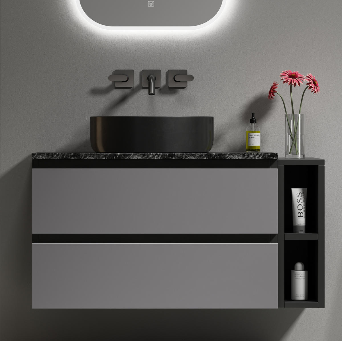 WASCHBECKENUNTERSCHRANK 80 cm Schwarz-Grau mit Keramikbecken - Schwarz, Holzwerkstoff (44/48.5/80cm) - Beauniv