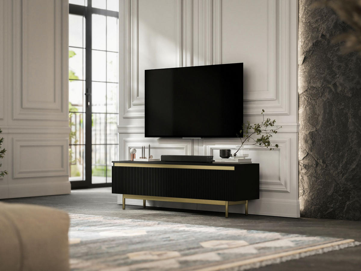 TV-SCHRANK Selene Schwarz Matt 140 cm mit Metallrahmen Glamour - Goldfarben/Schwarz, Holzwerkstoff (140/44/35cm) - Meble Lindner