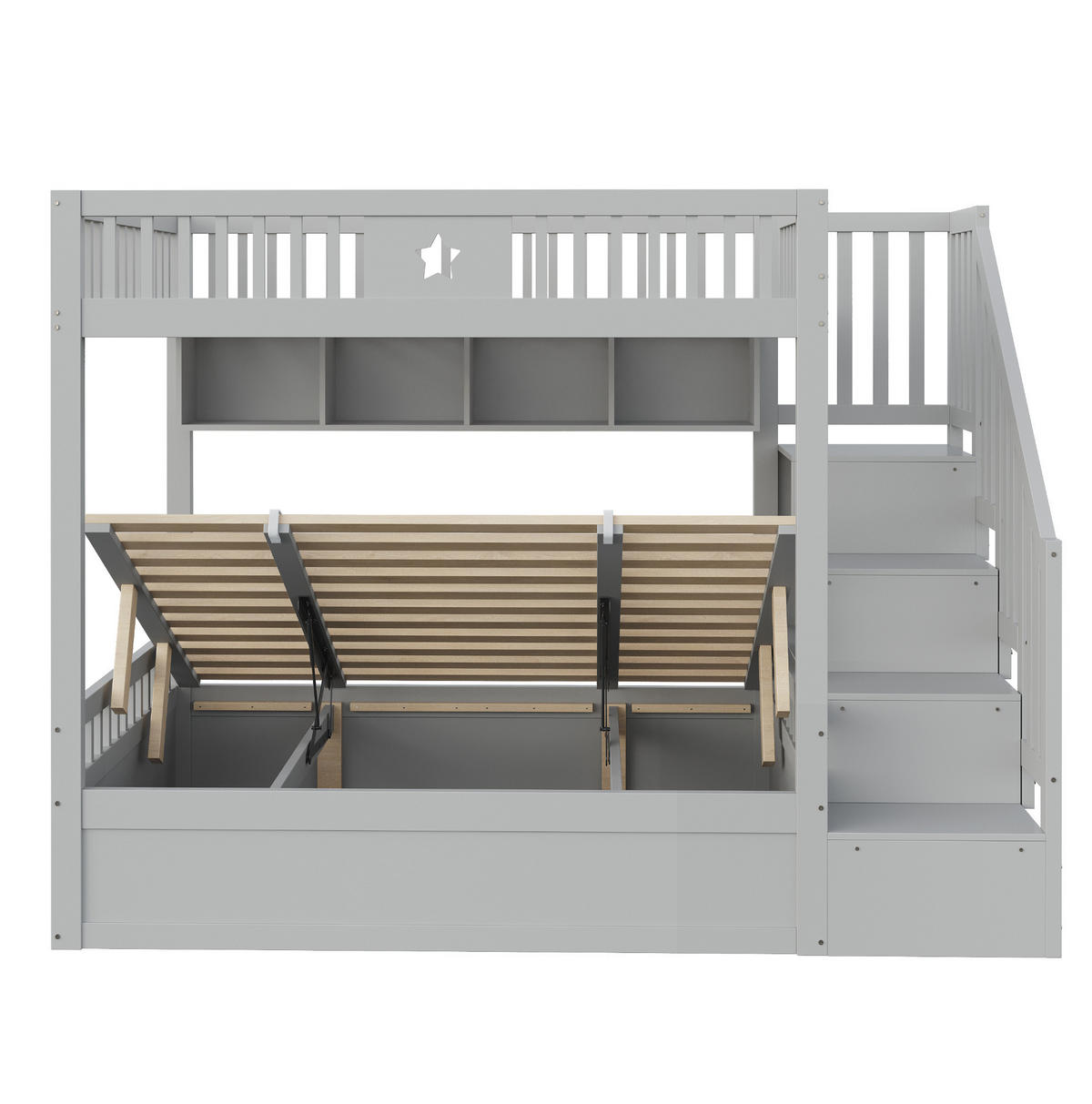 ETAGENBETT aus Kiefernholz 140x200 cm Grau mit hydraulischem Unterbett, Regalen und Stauraumtreppe - Grau, Holzwerkstoff (140/200cm) - IVMEU