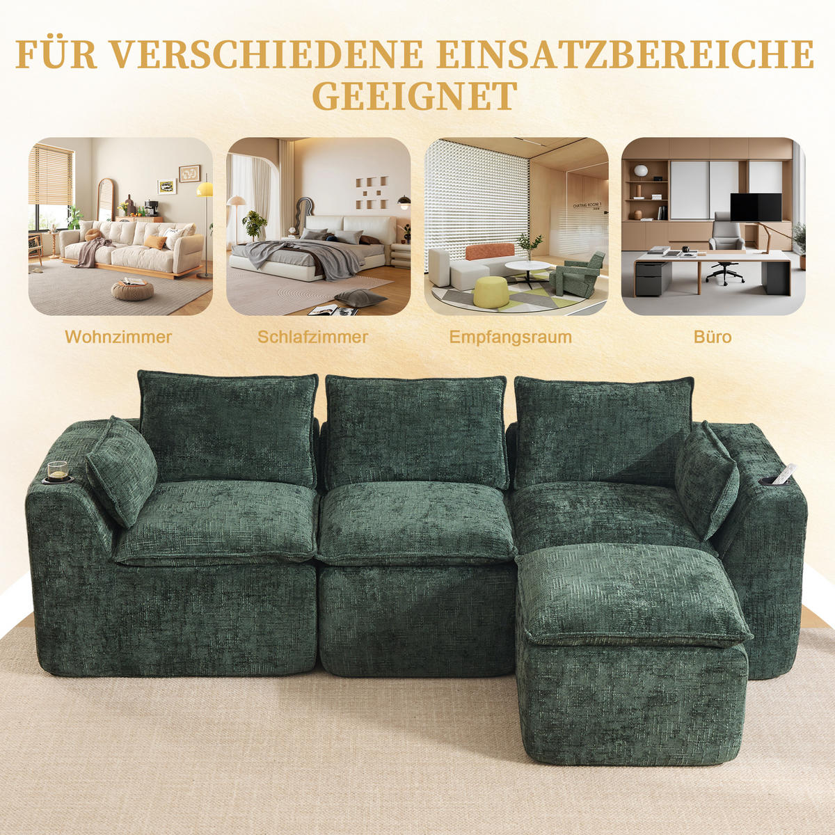3-SITZER-SOFA aus Chenille, mit Fußhocker und Getränkehalter - Grün, Textil (256/75/161cm) - Urban Meuble