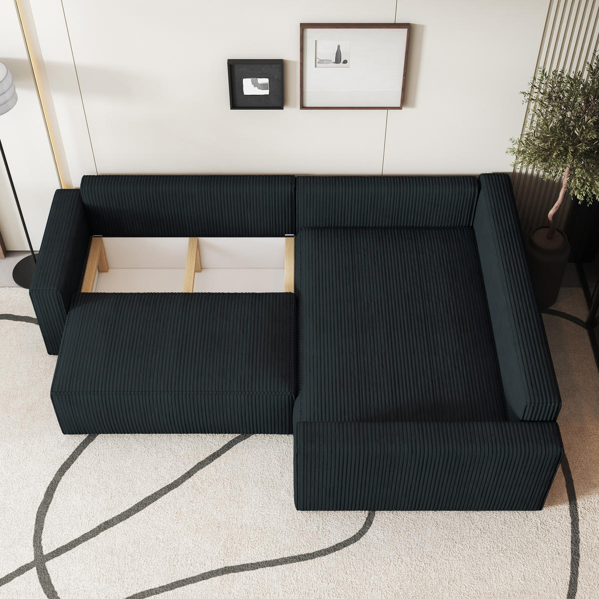 ECKSOFA ERONIS R-S Schwarz Kordstoff mit Schlaffunktion - Schwarz, Holz (265/194cm) - MASSENO